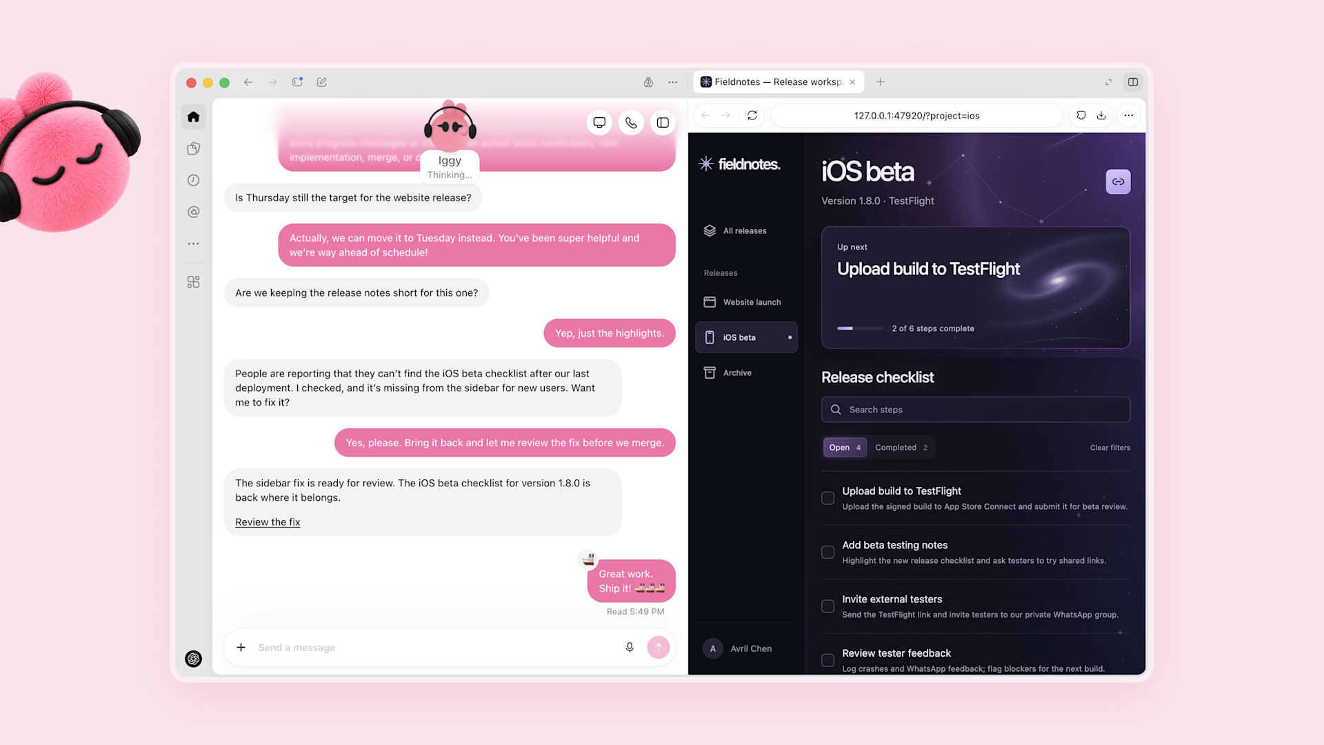 One of OpenAI's launch examples: a dot preparing an iOS beta-feedback fix inside a release workspace. Image: OpenAI
