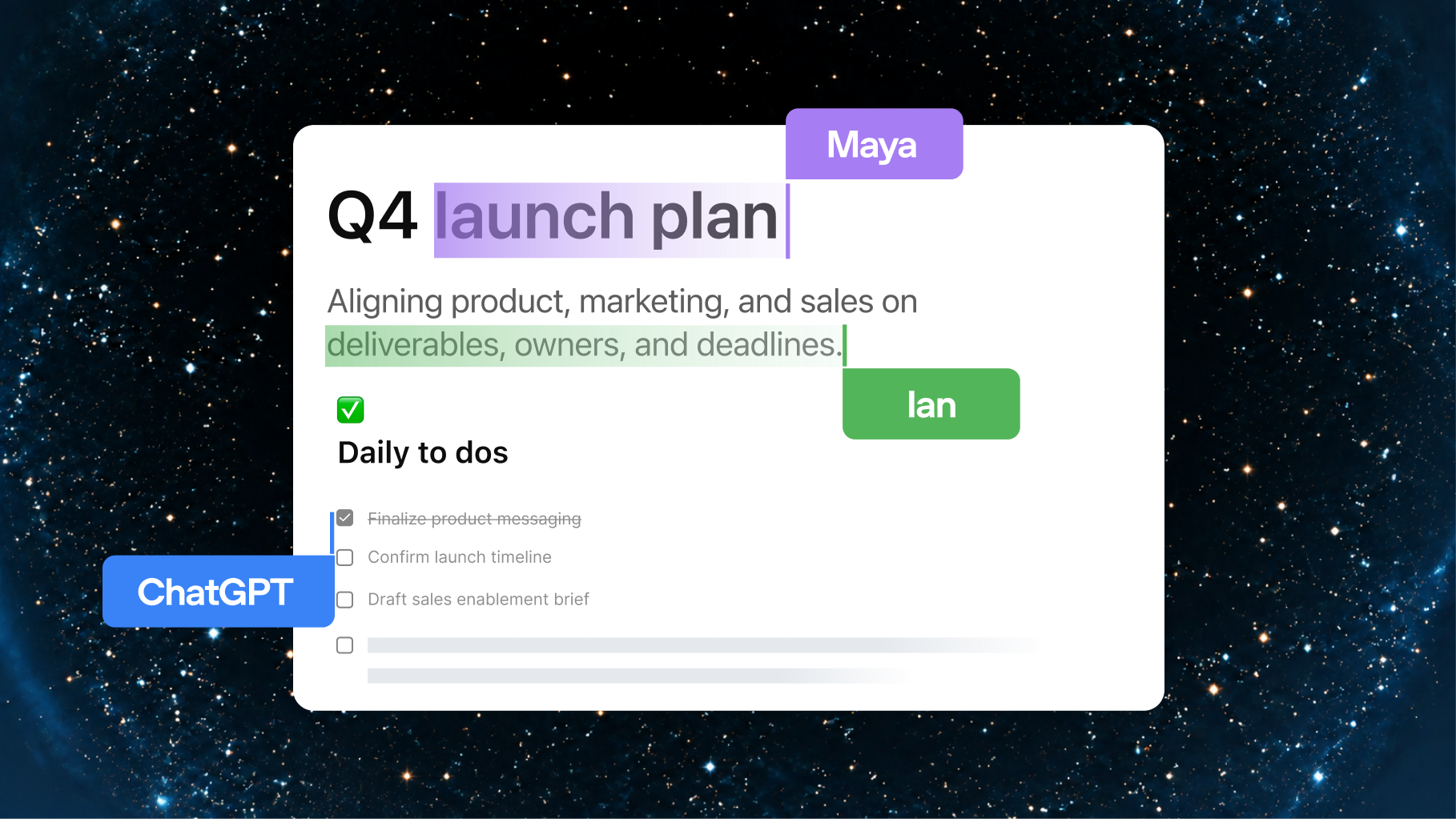 A Page for Q4 event planning, with teammate edits and a dot working in the same doc. Image: OpenAI