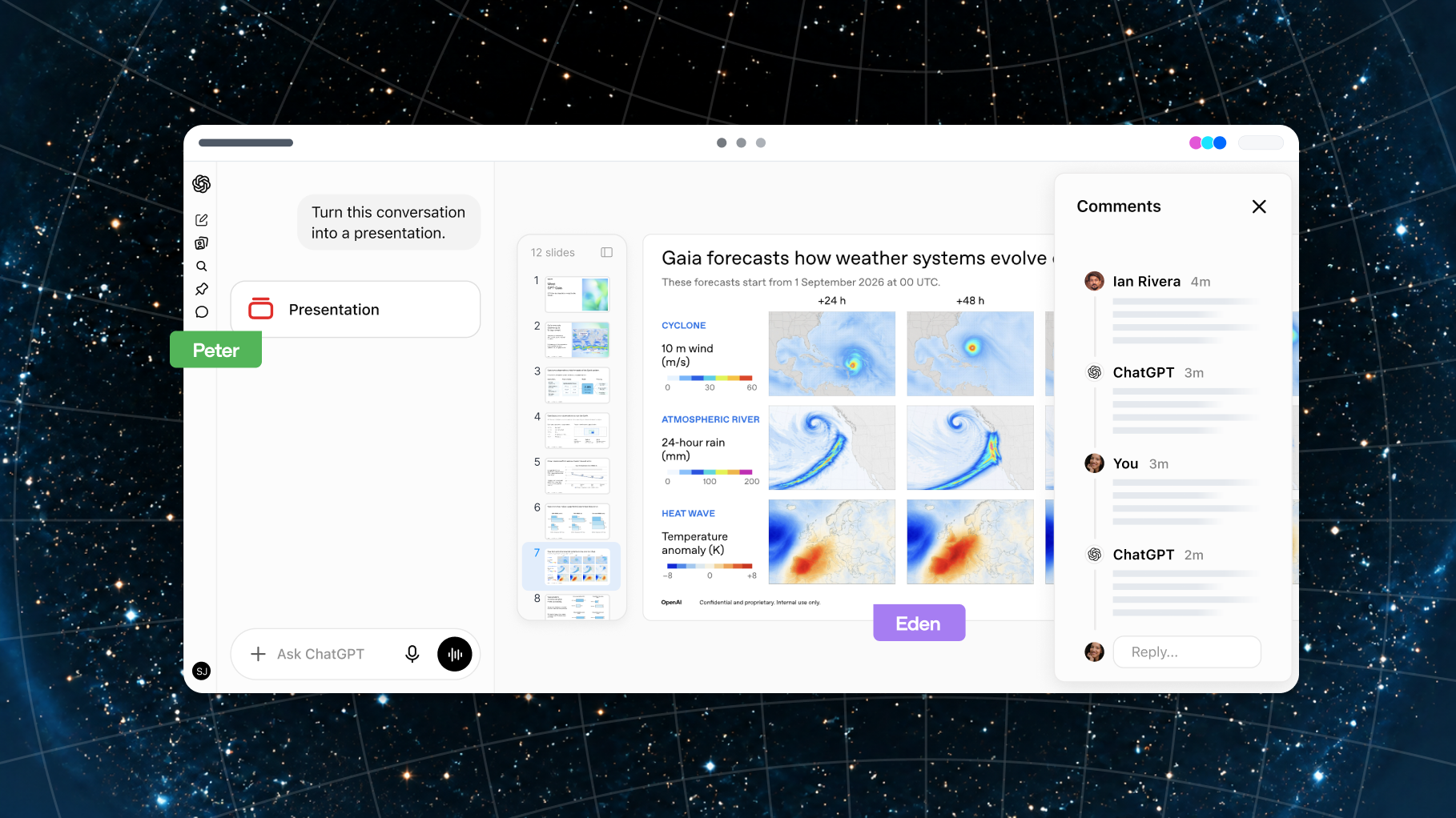 Collaborative Slides: comments, slide previews and agent edits in one editor. Image: OpenAI