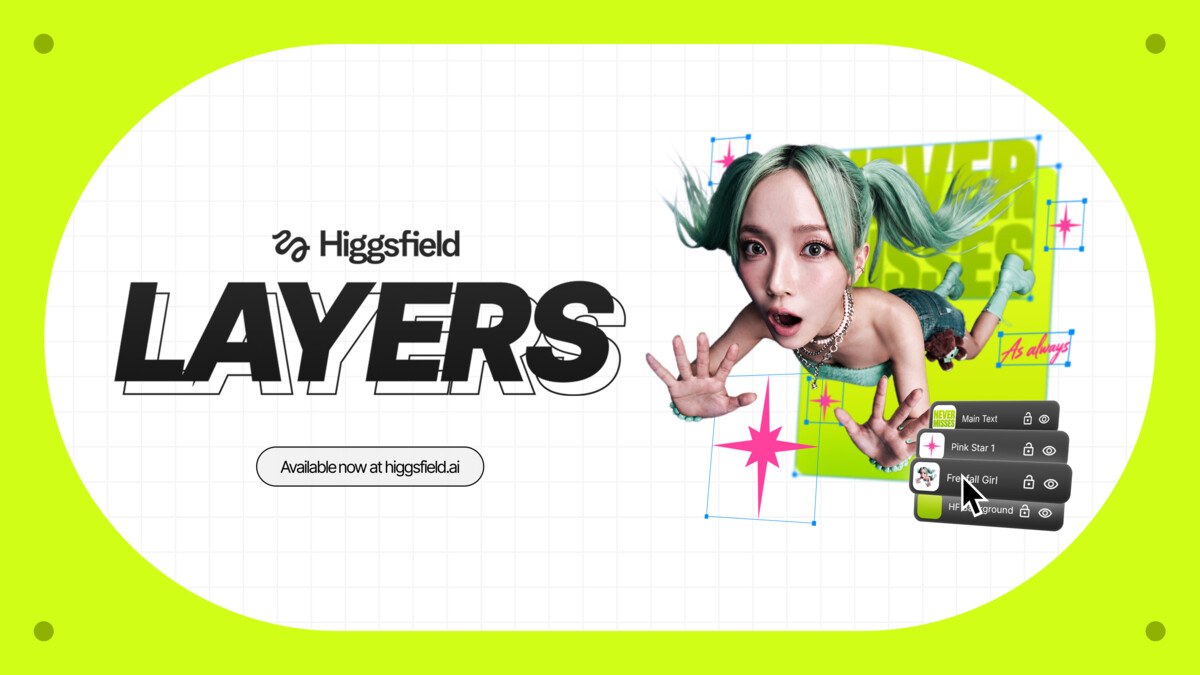 Higgsfield Layers — turn any flat image into editable layers: Main Text, Pink Star, Girl and Background each on their own layer