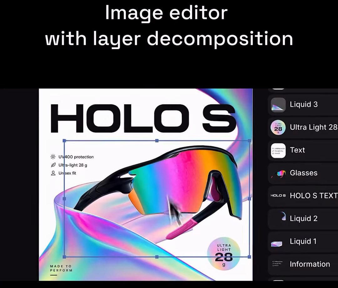 Higgsfield's image editor splitting a product poster into editable layers — glasses, text, and background elements each become their own layer